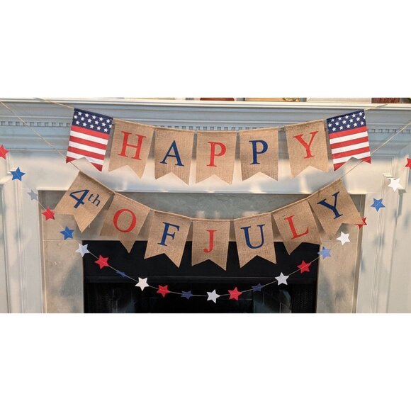 Patriotic Burlap Bunting Banner Happy 4th of July Star Garland Independence Day - Picture 2 of 9